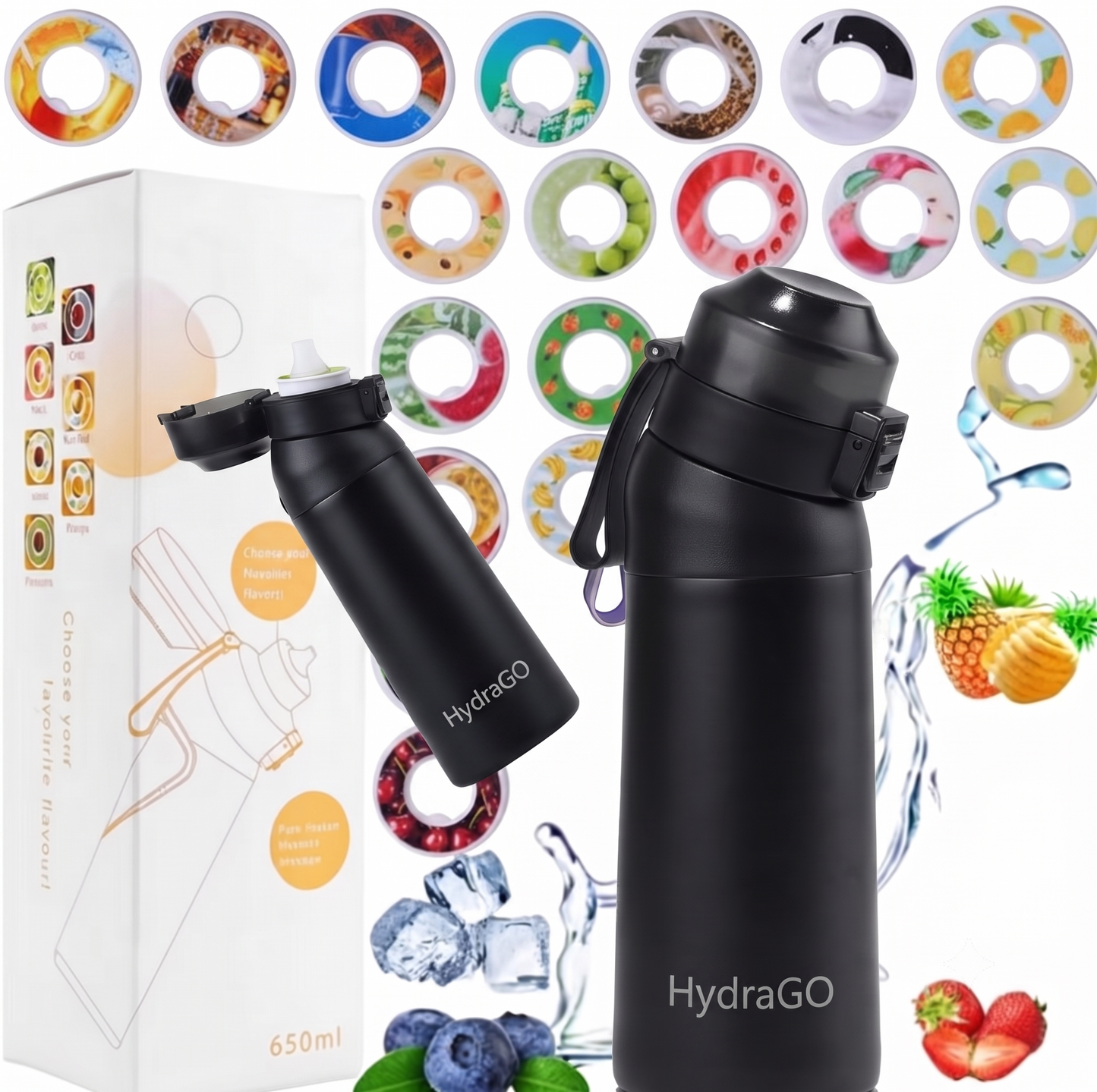Botella HydraGO 700ml + 3 aropods de REGALO negra